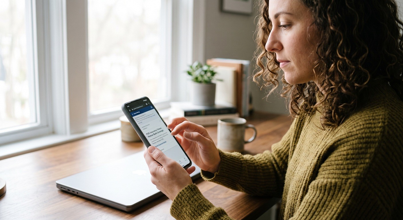 A woman with curly hair sits at a wooden desk near a large window, intently viewing a smartphone. The phone screen clearly displays the banking header: 'Your deposits are FDIC insured.' A closed laptop, ceramic mug, and stacked books are on the desk.