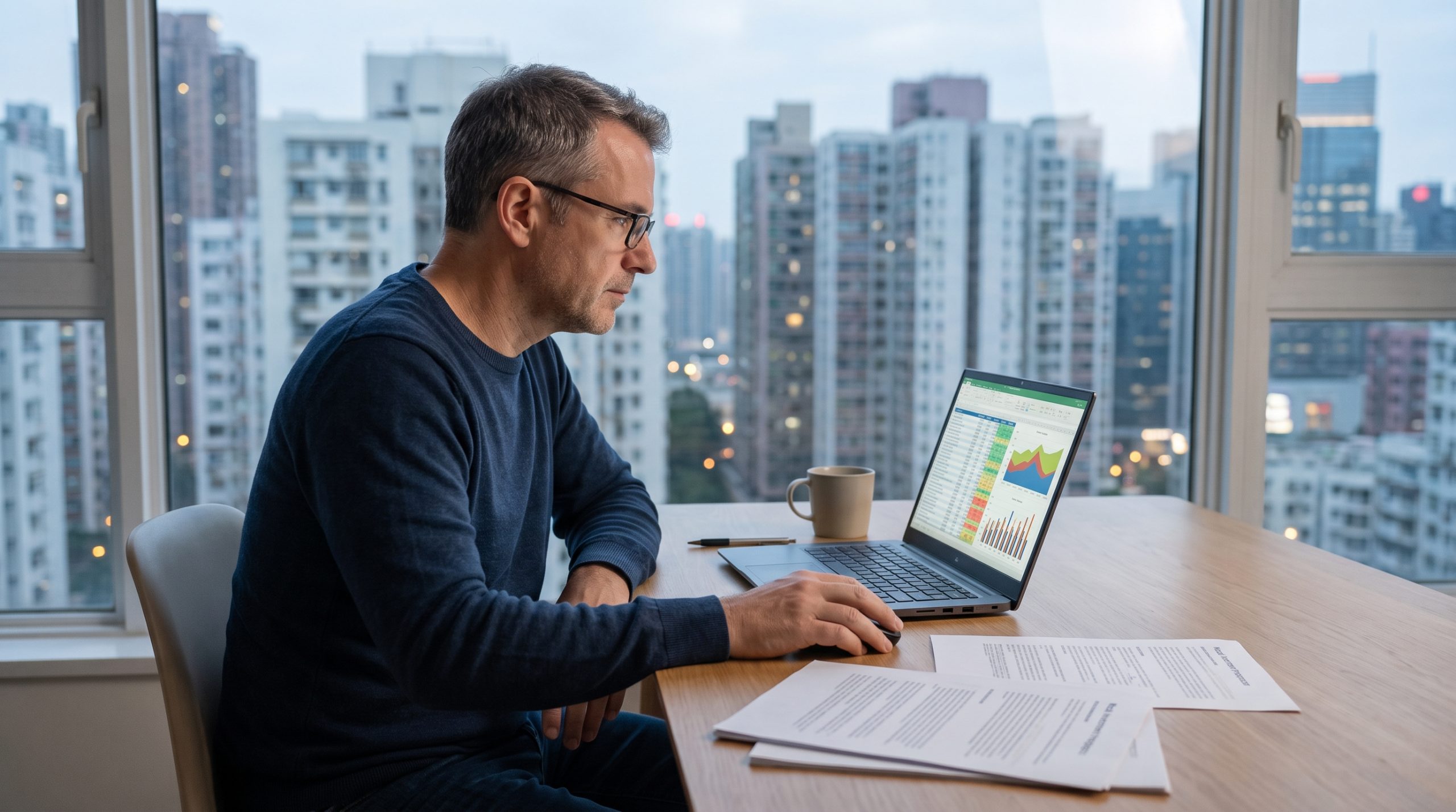 A middle-aged man wearing glasses sits at a wooden desk, focused on a laptop displaying data charts. He is surrounded by documents and a coffee mug. A large window behind him reveals a sweeping view of a dense, multi-story cityscape at dusk.